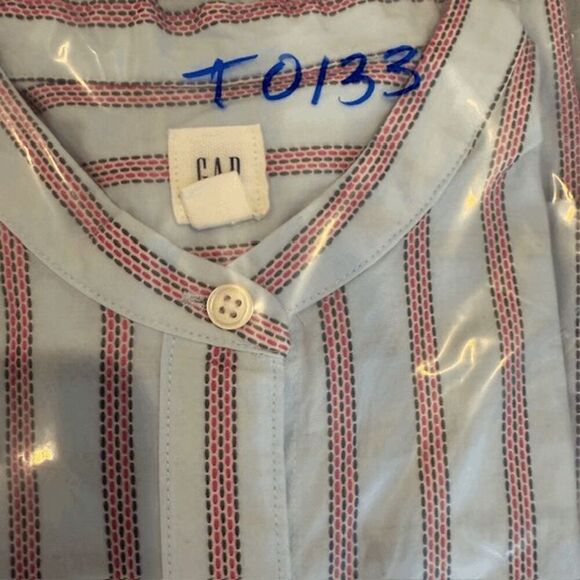 GAP Striped Boyfriend Long Tunic Shirt Blue Red Textured Mandarin Collar Medium - Picture 12 of 12